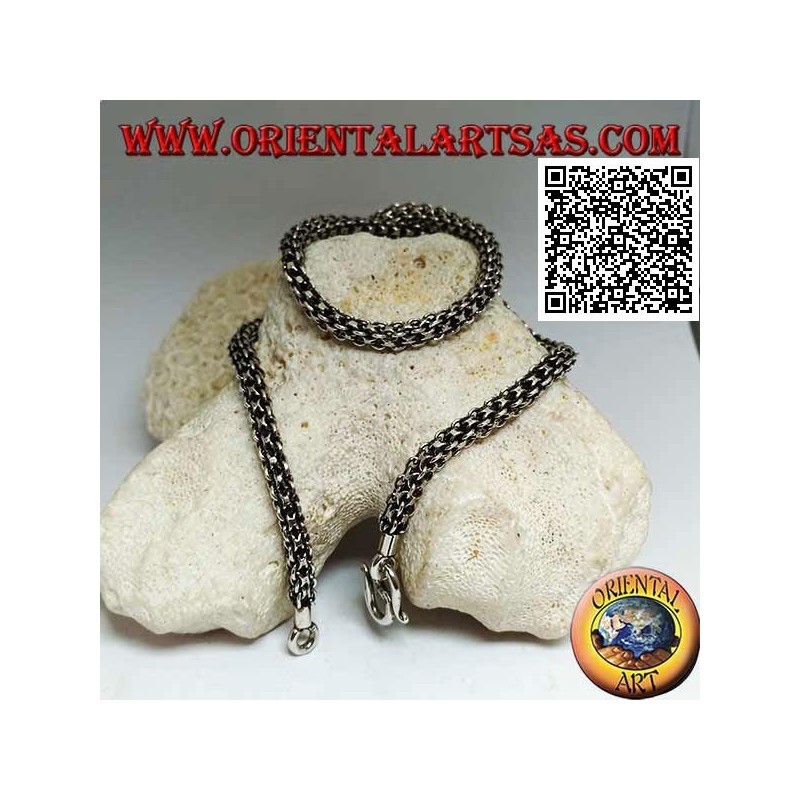 Collana in argento 925‰ a sezione quadrata di intreccio di anellini, girocollo da 41 cm x 4 mm