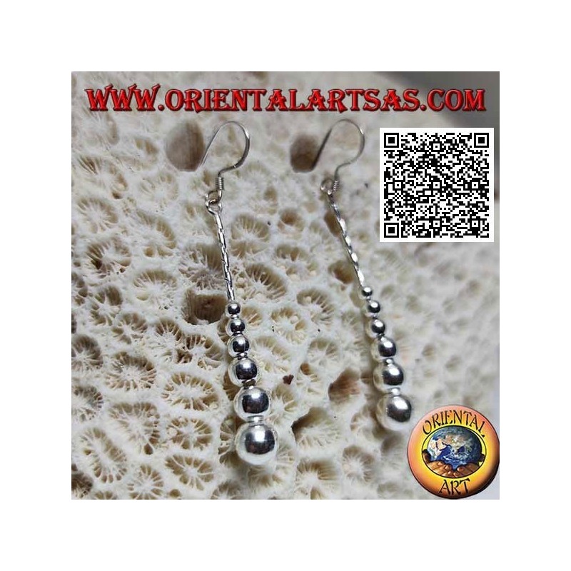 Silver leverback earrings with a row of hanging smooth growing balls