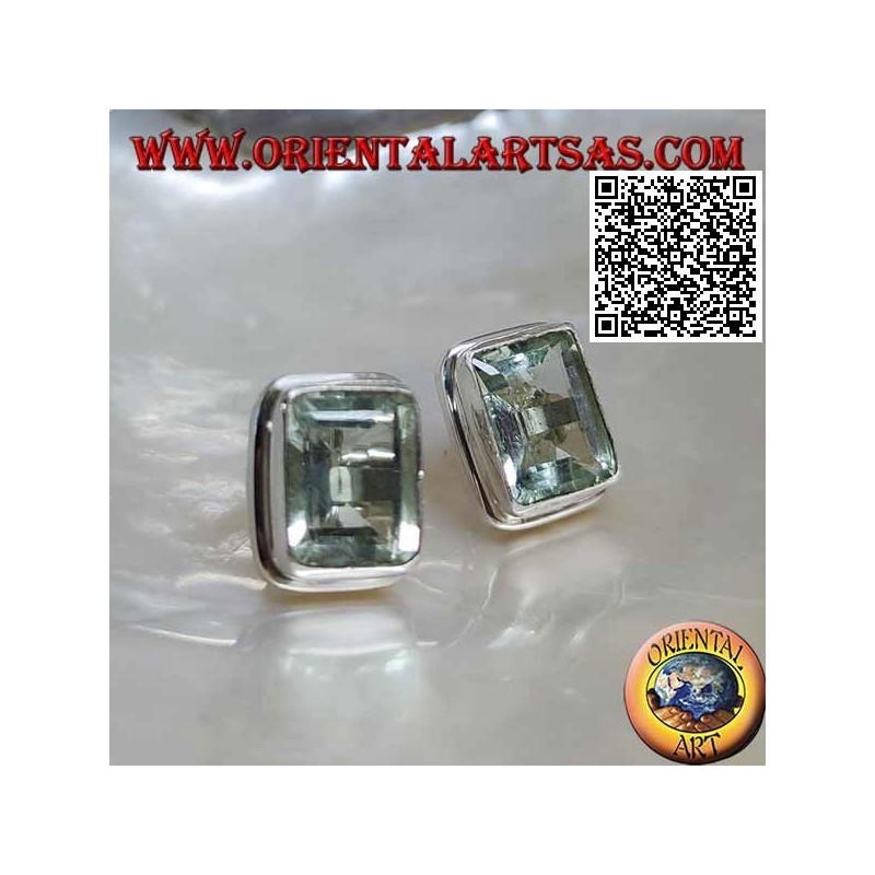 Silver lobe earrings with rectangular natural aquamarine (carré cut) on a smooth edge setting