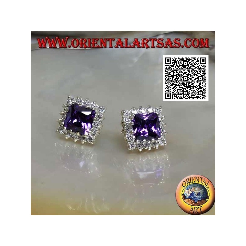 Silver lobe earrings with synthetic amethyst surrounded by white zircons