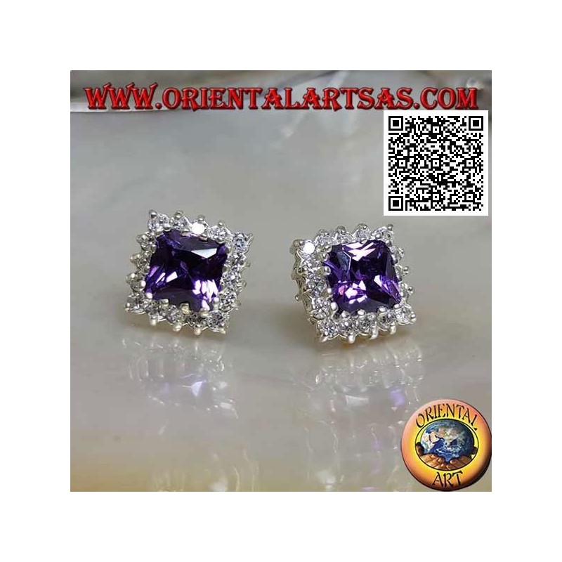Silver lobe earrings with synthetic amethyst surrounded by white zircons