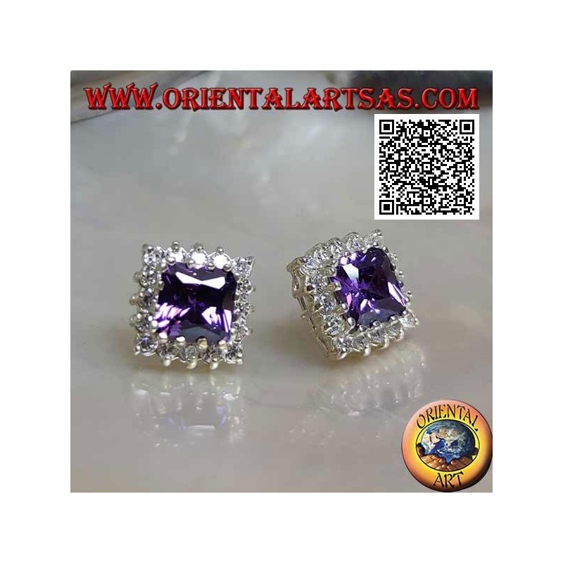 Silver lobe earrings with synthetic amethyst surrounded by white zircons