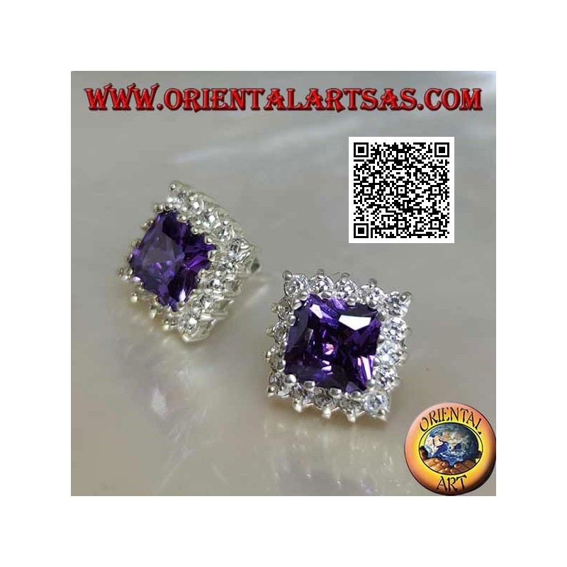 Silver lobe earrings with synthetic amethyst surrounded by white zircons