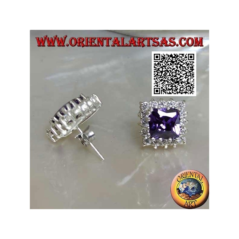 Silver lobe earrings with synthetic amethyst surrounded by white zircons
