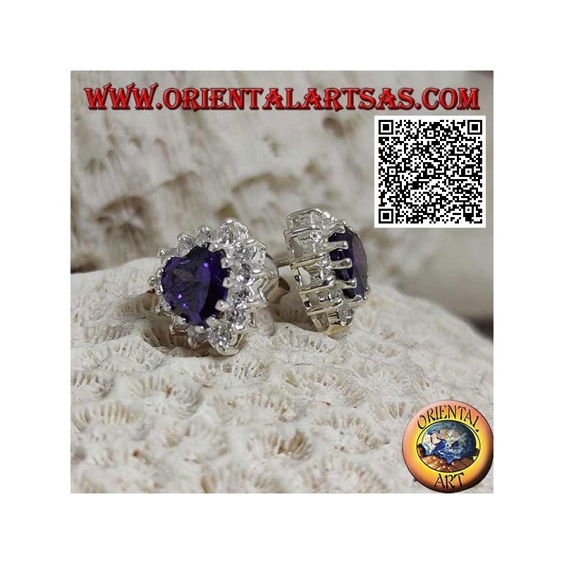 Orecchini in argento da lobo con ametista di sintesi a cuore contornata da zirconi bianchi