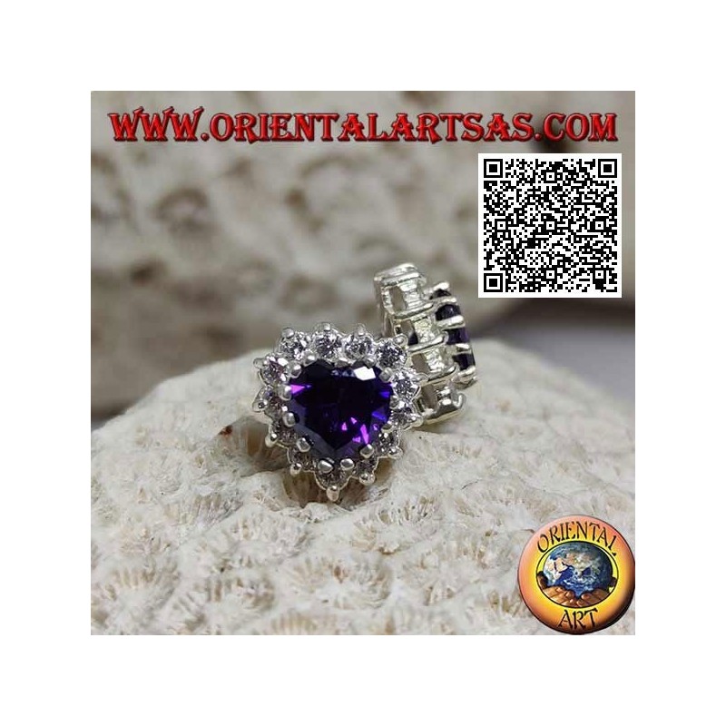Silberlappenohrringe mit synthetischem Amethyst im Herzen, umgeben von weißen Zirkonen
