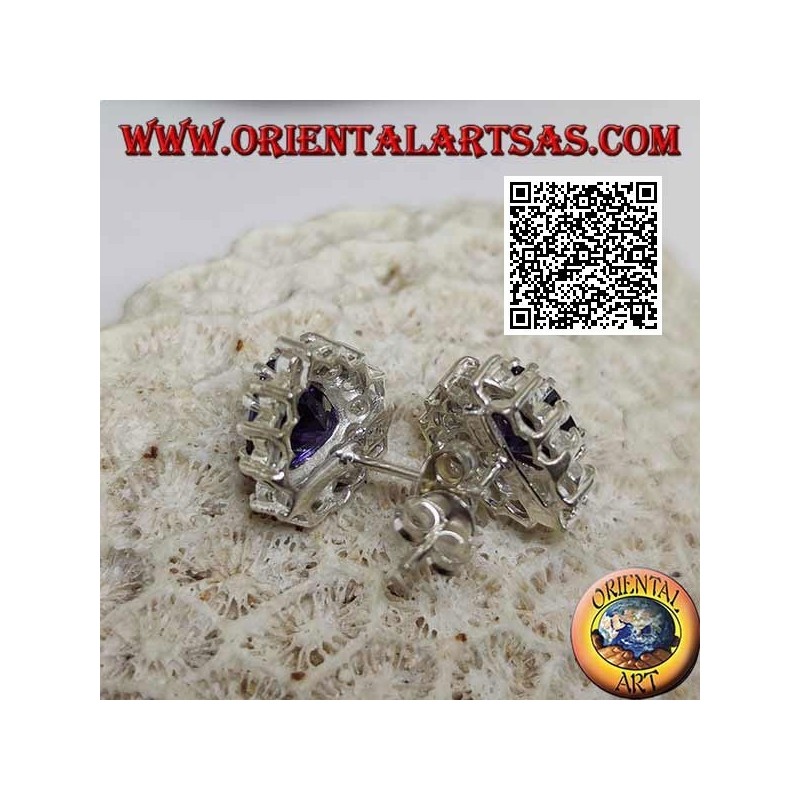 Pendientes lóbulos de plata con amatista sintética en el corazón rodeados de circonitas blancas