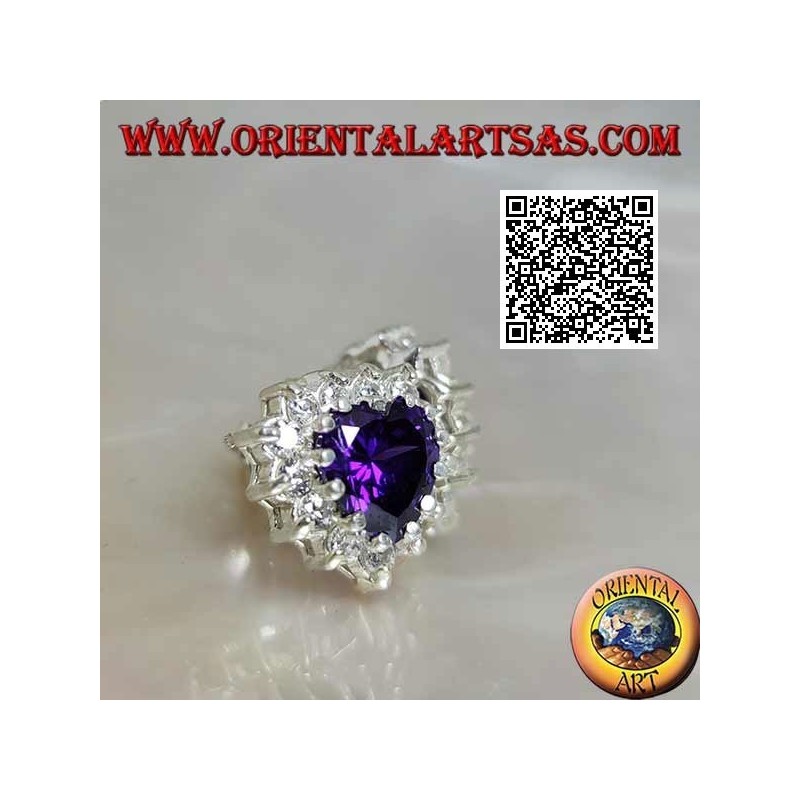Silver lobe earrings with synthetic amethyst in the heart surrounded by white zircons