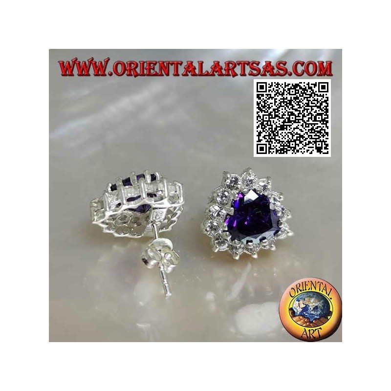 Silver lobe earrings with synthetic amethyst in the heart surrounded by white zircons