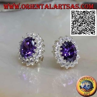 Silver lobe earrings with oval synthetic amethyst surrounded by white zircons