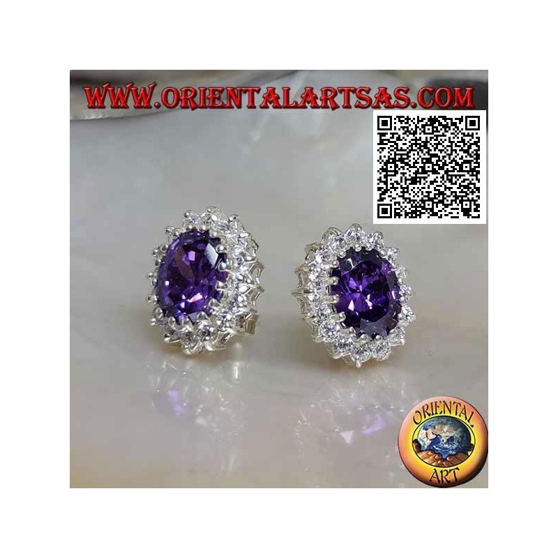Silver lobe earrings with oval synthetic amethyst surrounded by white zircons