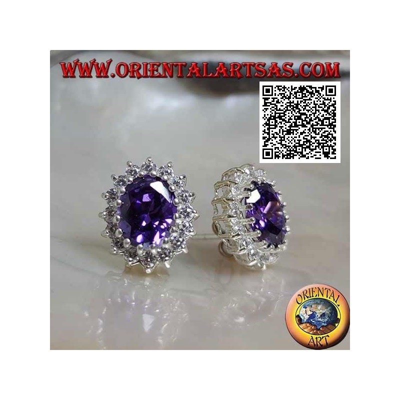 Silberlappenohrringe mit ovalem synthetischem Amethyst, umgeben von weißen Zirkonen