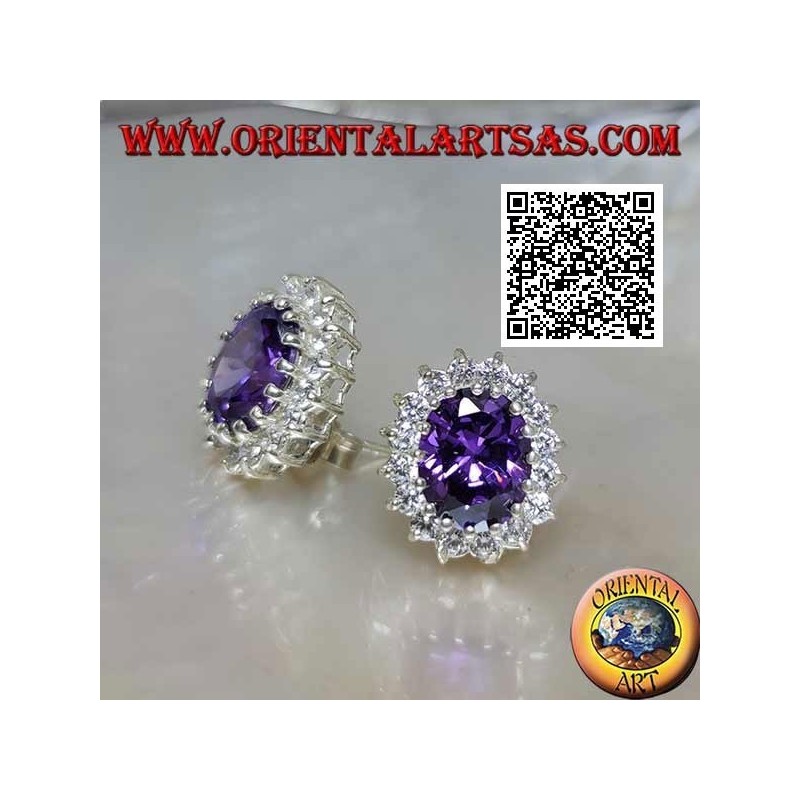 Silver lobe earrings with oval synthetic amethyst surrounded by white zircons