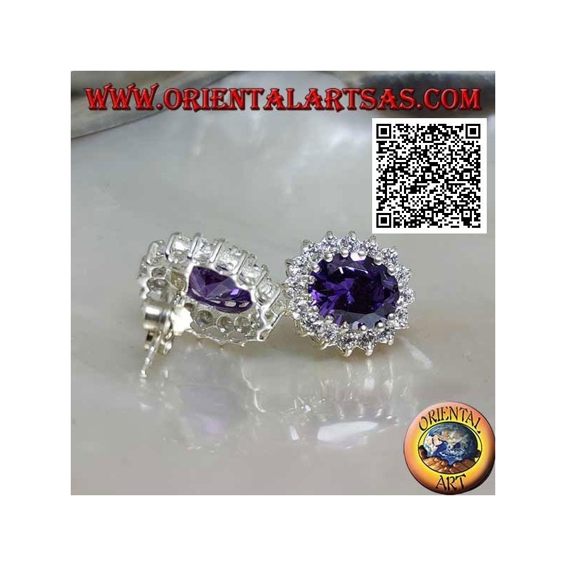 Silberlappenohrringe mit ovalem synthetischem Amethyst, umgeben von weißen Zirkonen