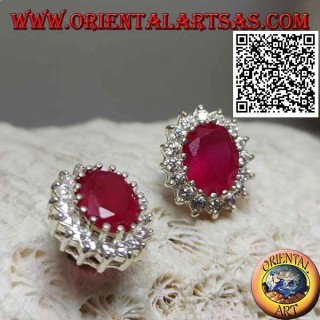 Silver lobe earrings with natural oval ruby surrounded by white zircons