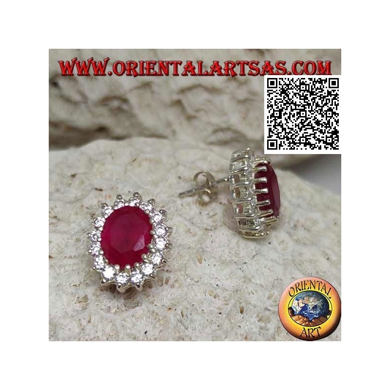 Boucles d'oreilles lobe en argent avec rubis naturel ovale entouré de zircons blancs