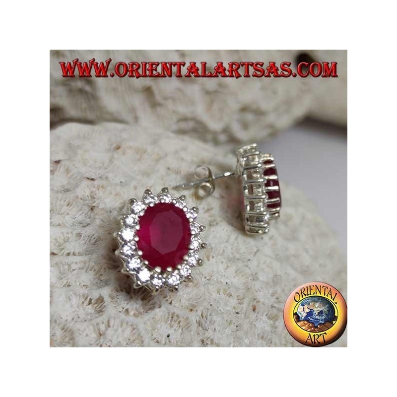 Silver lobe earrings with natural oval ruby surrounded by white zircons