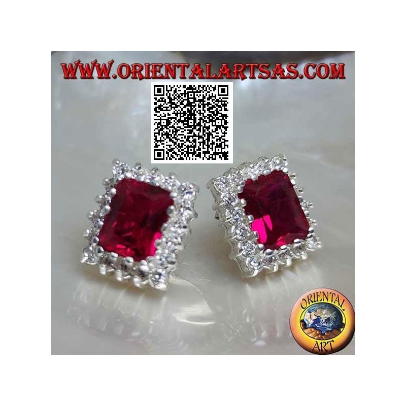 Boucles d'oreilles lobe en argent avec rubis synthétique rectangulaire entouré de zircons blancs
