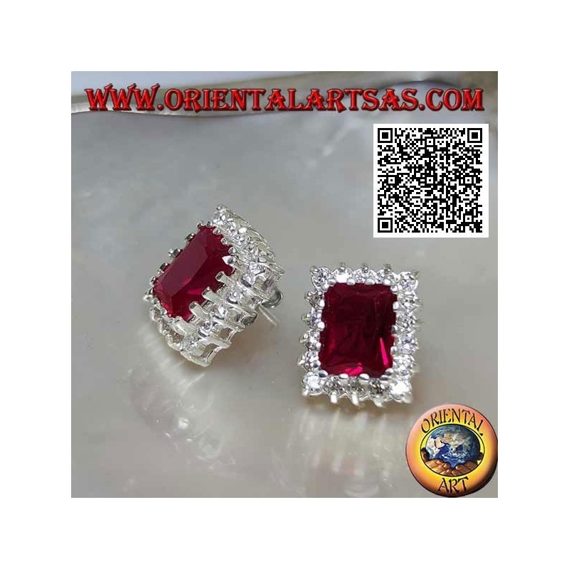 Boucles d'oreilles lobe en argent avec rubis synthétique rectangulaire entouré de zircons blancs