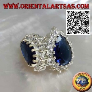 Boucles d'oreilles lobe en argent avec saphir en forme de larme synthétique entouré de zircons blancs