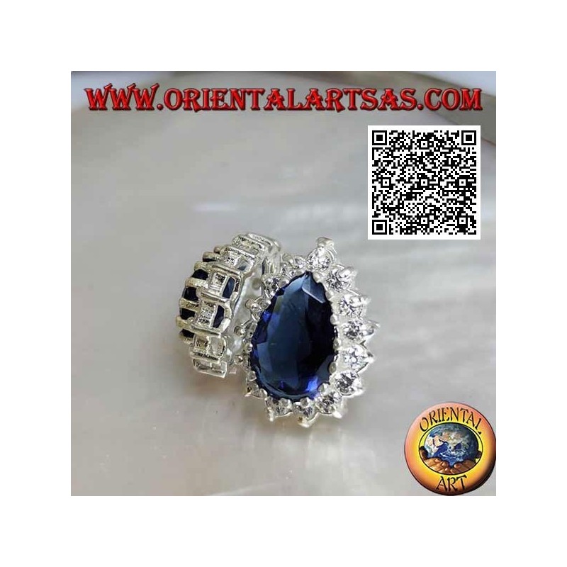 Boucles d'oreilles lobe en argent avec saphir en forme de larme synthétique entouré de zircons blancs