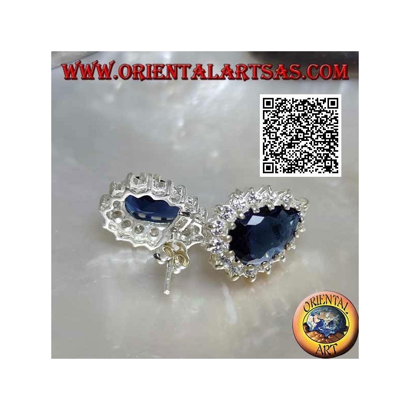 Boucles d'oreilles lobe en argent avec saphir en forme de larme synthétique entouré de zircons blancs