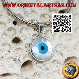 Pendentif en argent, oeil grec bleu recto verso sur nacre ronde