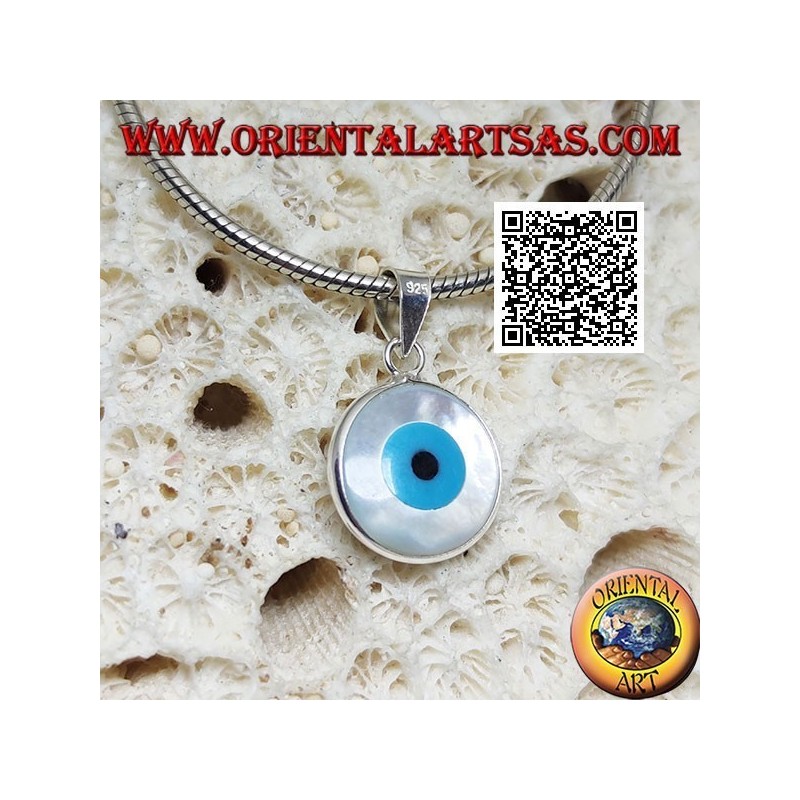 Colgante de plata, ojo griego azul de doble cara sobre nácar redondo