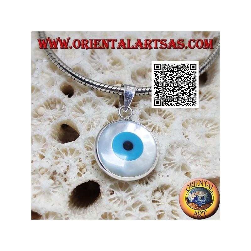 Silver pendant, double-sided blue Greek eye on round mother-of-pearl