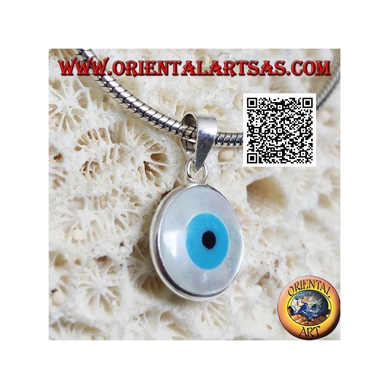 Pendentif en argent, oeil grec bleu recto verso sur nacre ronde