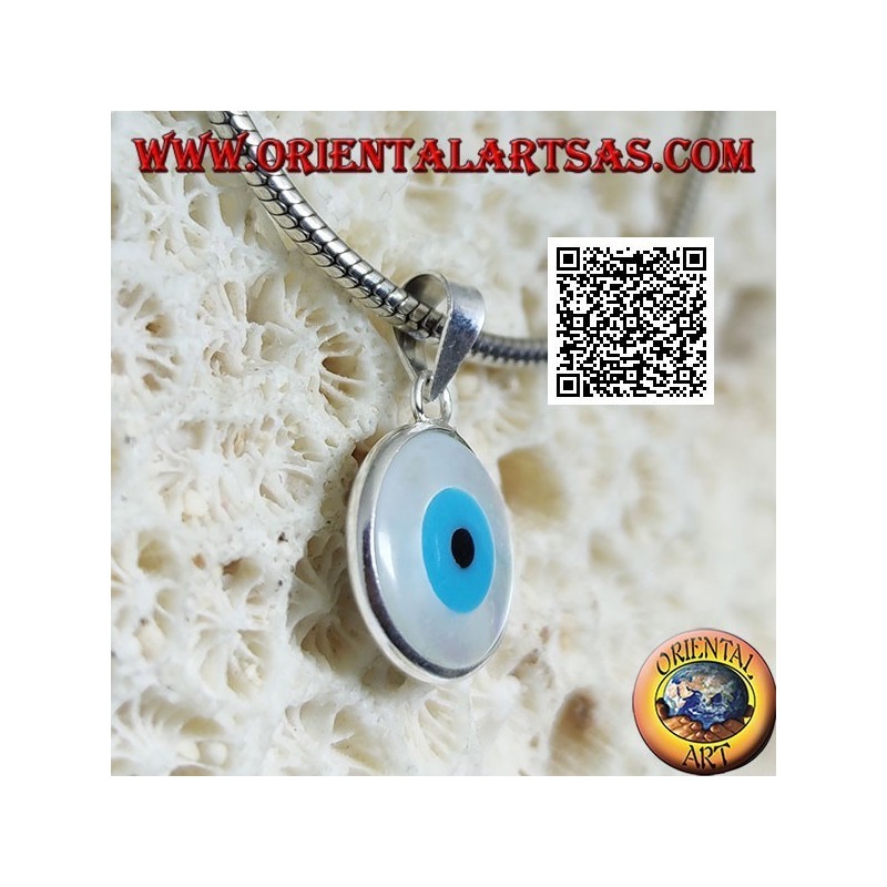 Pendentif en argent, oeil grec bleu recto verso sur nacre ronde