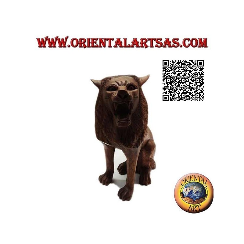 Sculpture d'un lion assis sculpté à la main dans un seul bloc de bois de suar de 25 cm