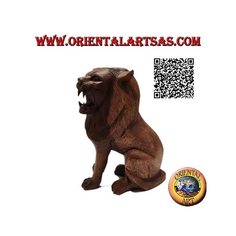 Sculpture d'un lion assis sculpté à la main dans un seul bloc de bois de suar de 25 cm