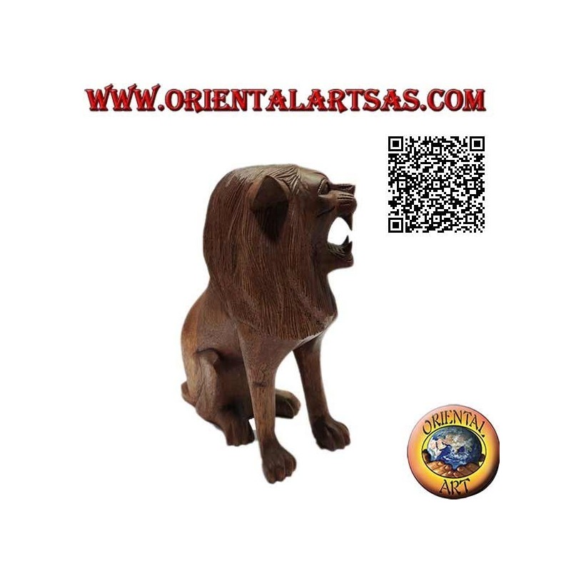 Escultura de un león sentado tallado a mano en un solo bloque de madera de suar de 25 cm
