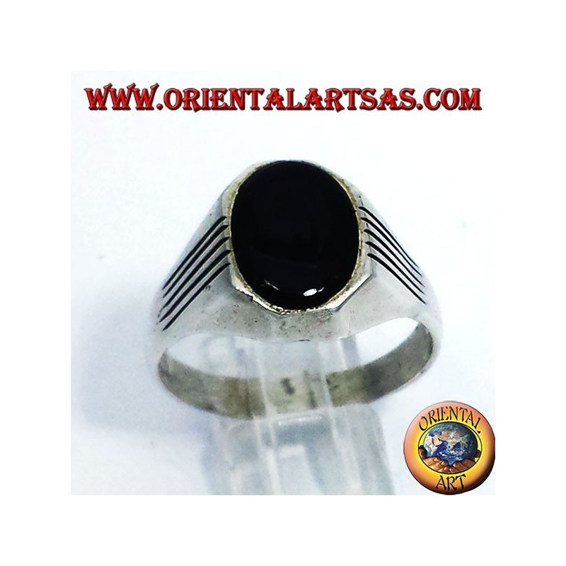ring with silver lines, Onyx Oval