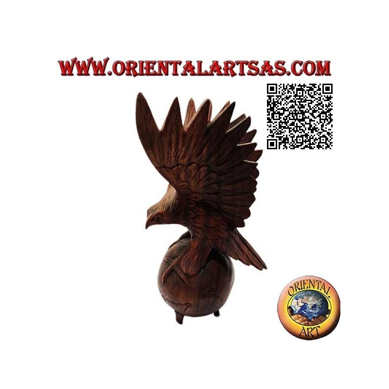 Golden eagle sculpture with spread wings standing on the world in 33 cm suar wood