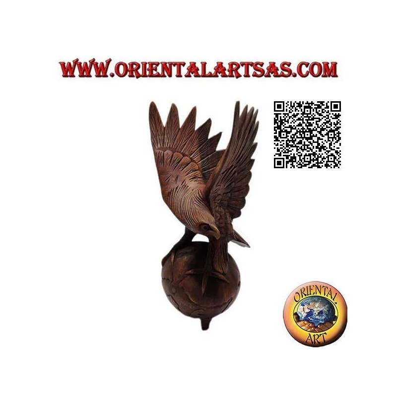 Golden eagle sculpture with spread wings standing on the world in 33 cm suar wood