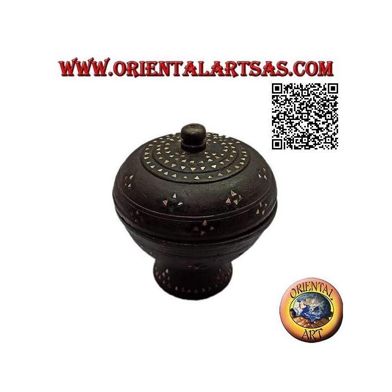 Caja redonda con pie hecha a mano en madera de caoba e incrustaciones de nácar (Lombok)