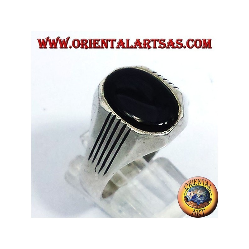 ring with silver lines, Onyx Oval
