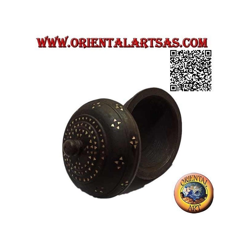 Round box with foot made by hand in mahogany wood and inlaid with mother of pearl (Lombok)