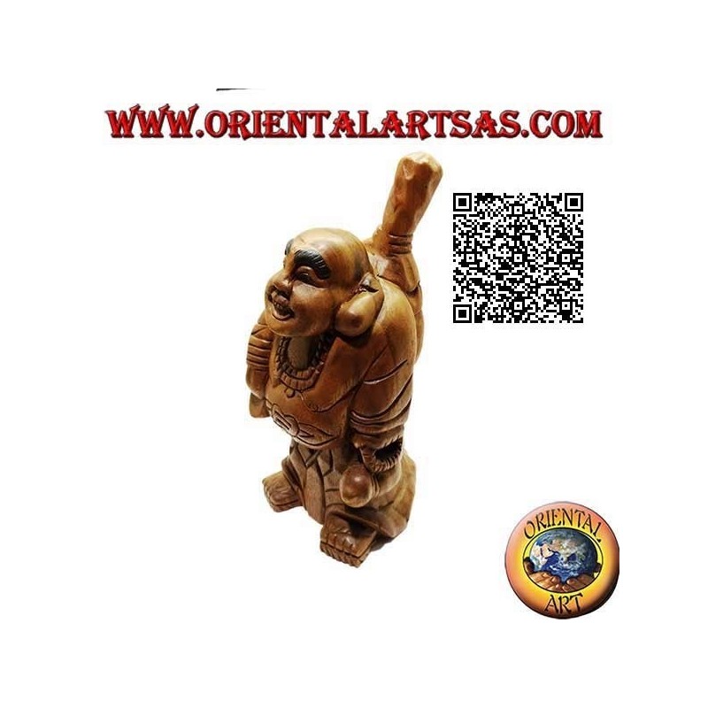 Sculpture du moine bouddhiste Budai ou Hotei (Bouddha d'abondance et protecteur des faibles) en bois de teck de 32 cm