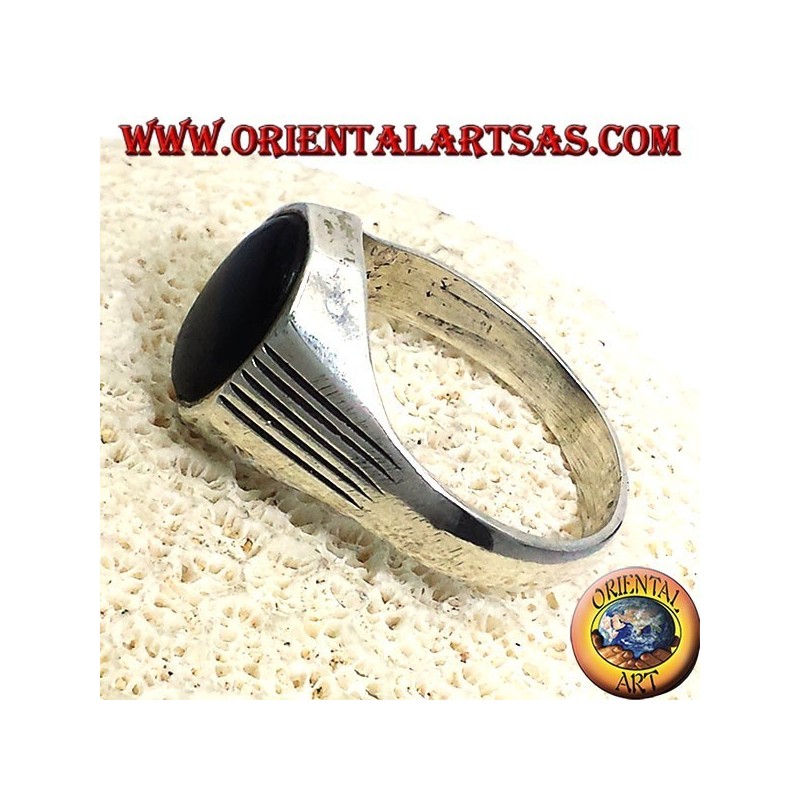 ring with silver lines, Onyx Oval