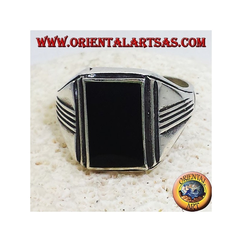 silver ring with onyx rectangular