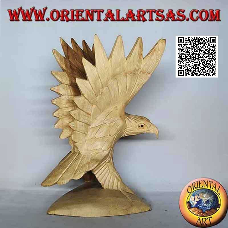 Sculpture of the golden eagle with spread wings standing in suar wood of 23 cm