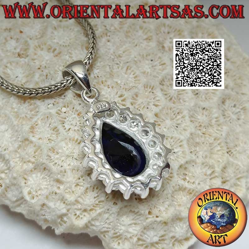 Colgante de plata con zafiro sintético en forma de lágrima rodeado de circonitas blancas