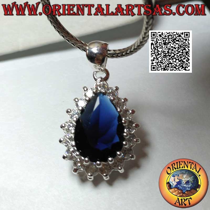 Silver pendant with synthetic teardrop sapphire set surrounded by white zircons
