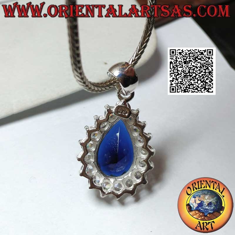 Pendentif en argent avec saphir en forme de larme synthétique entouré de zircons blancs