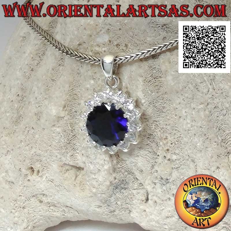 Pendentif en argent avec saphir synthétique rond serti de zircons blancs