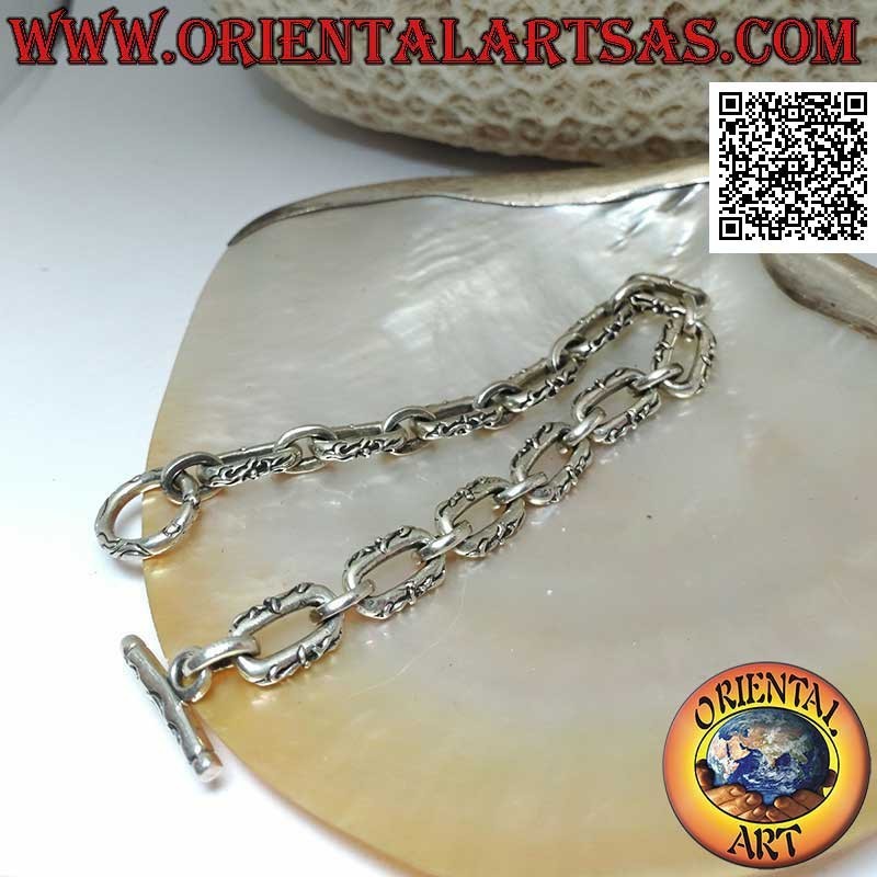 Pulsera de cadena de plata con anillos ovalados con adornos en relieve de 22,5 cm x 9 mm