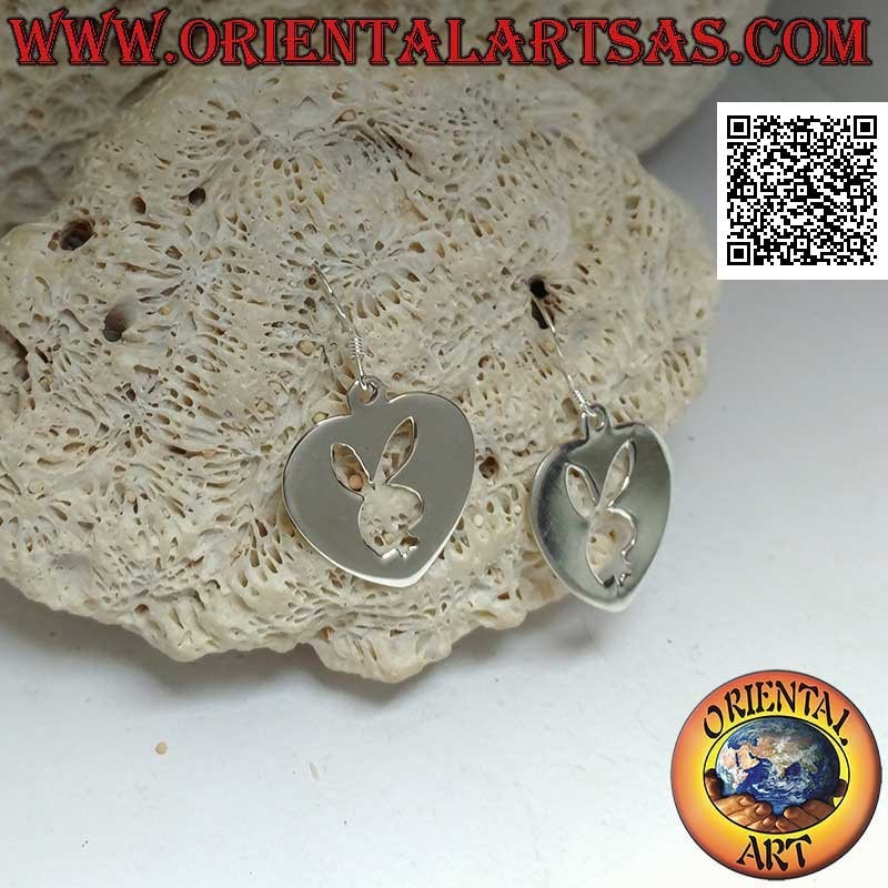 Silver pendant earrings in the shape of a plectrum with perforated Playboy bunny